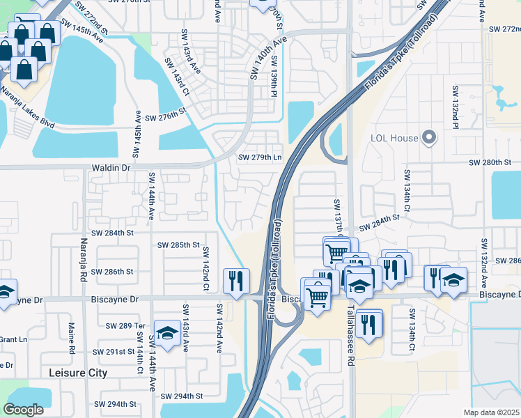 map of restaurants, bars, coffee shops, grocery stores, and more near 13932 Southwest 282nd Street in Homestead