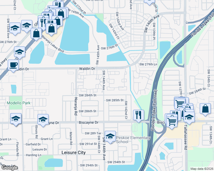 map of restaurants, bars, coffee shops, grocery stores, and more near 28216 Southwest 143rd Court in Homestead