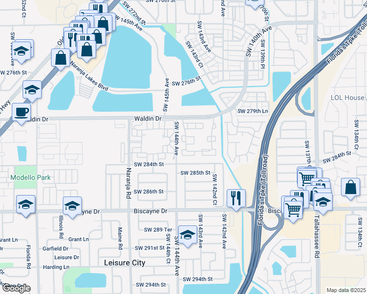 map of restaurants, bars, coffee shops, grocery stores, and more near 28216 Southwest 143rd Court in Homestead