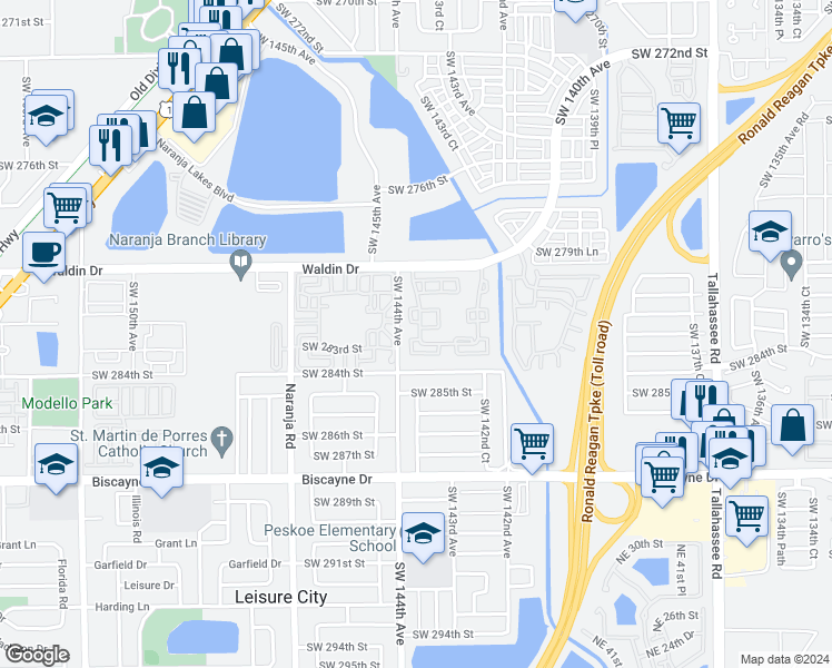 map of restaurants, bars, coffee shops, grocery stores, and more near 28216 Southwest 143rd Court in Homestead