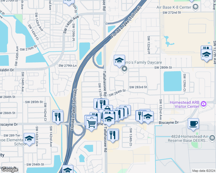 map of restaurants, bars, coffee shops, grocery stores, and more near 28290 Southwest 136th Place in Homestead