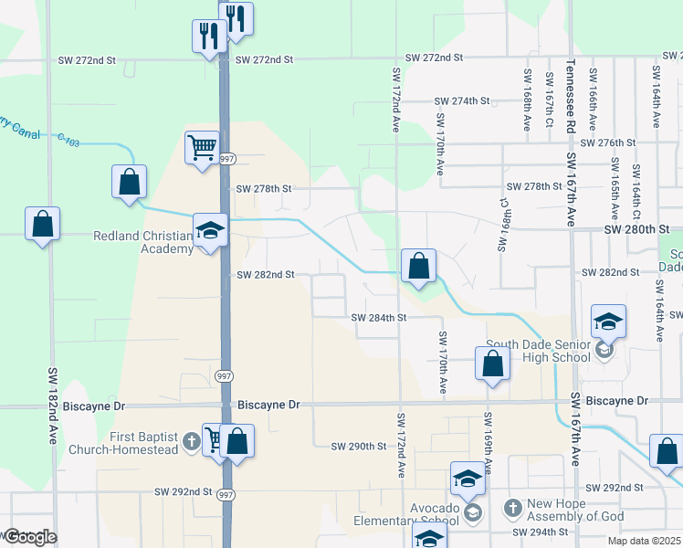 map of restaurants, bars, coffee shops, grocery stores, and more near 26515 Southwest 173rd Court in Homestead