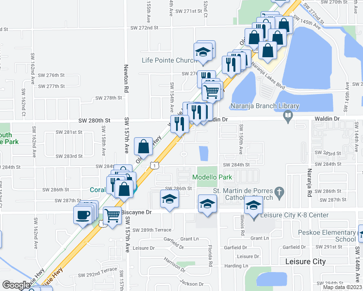 map of restaurants, bars, coffee shops, grocery stores, and more near 15370 Southwest 282nd Street in Homestead