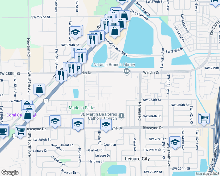 map of restaurants, bars, coffee shops, grocery stores, and more near 14961 Southwest 283rd Street in Homestead