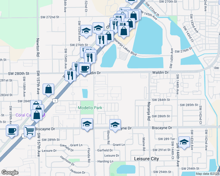 map of restaurants, bars, coffee shops, grocery stores, and more near 14961 Southwest 283rd Street in Homestead