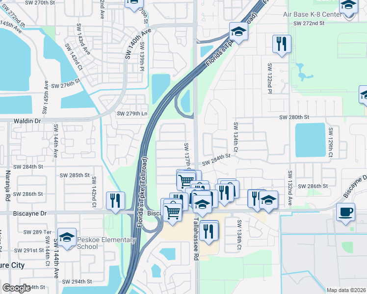 map of restaurants, bars, coffee shops, grocery stores, and more near 13722 Southwest 282nd Terrace in Homestead