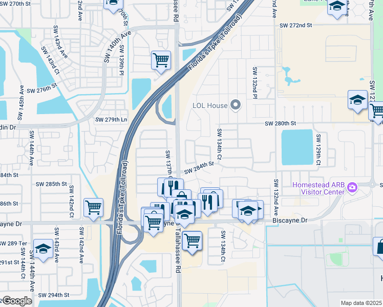 map of restaurants, bars, coffee shops, grocery stores, and more near 28290 Southwest 136th Place in Homestead