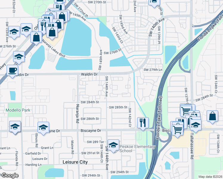 map of restaurants, bars, coffee shops, grocery stores, and more near 28216 Southwest 143rd Court in Homestead