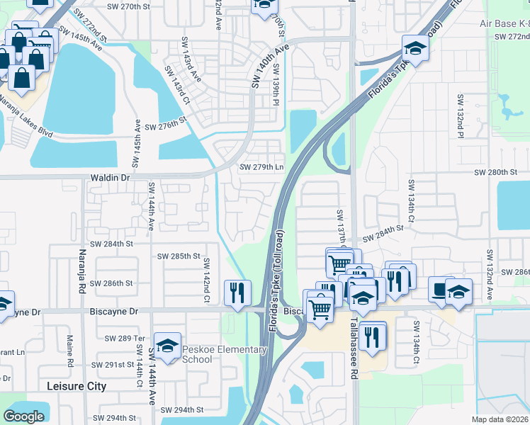 map of restaurants, bars, coffee shops, grocery stores, and more near 13932 Southwest 282nd Street in Homestead
