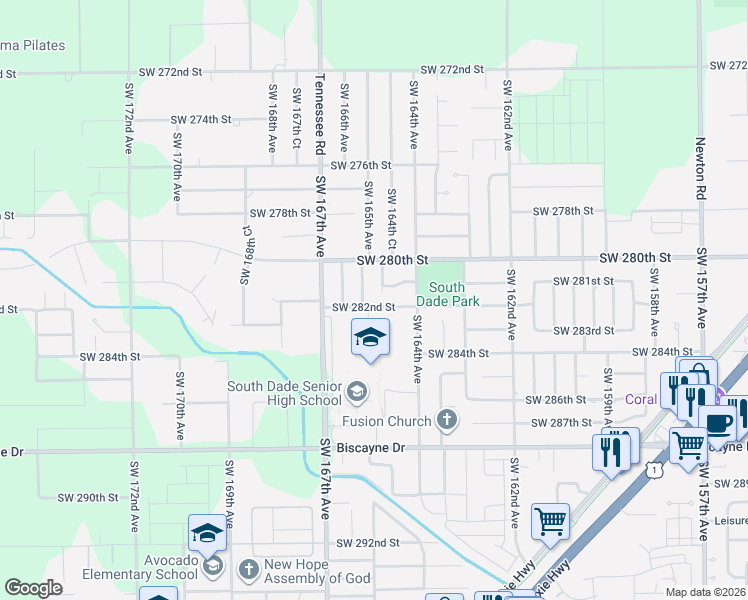 map of restaurants, bars, coffee shops, grocery stores, and more near 16463 Southwest 282nd Street in Homestead