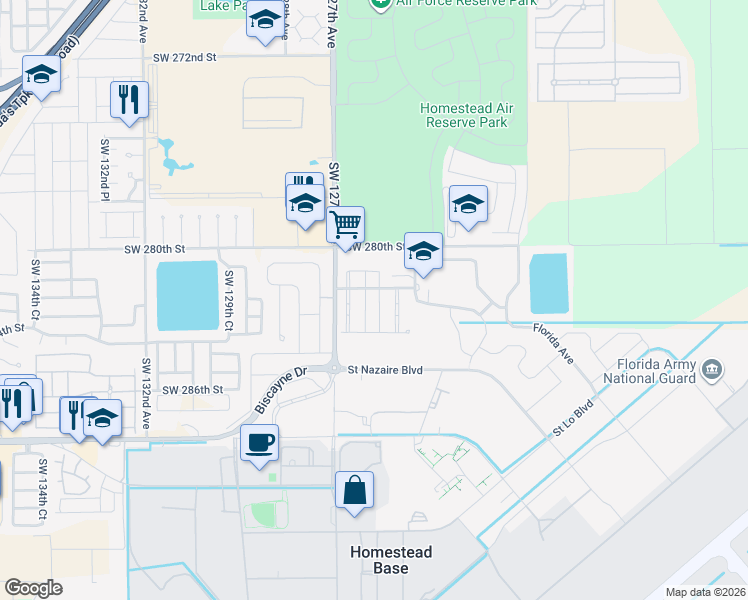 map of restaurants, bars, coffee shops, grocery stores, and more near 12550 Southwest 282nd Street in Homestead