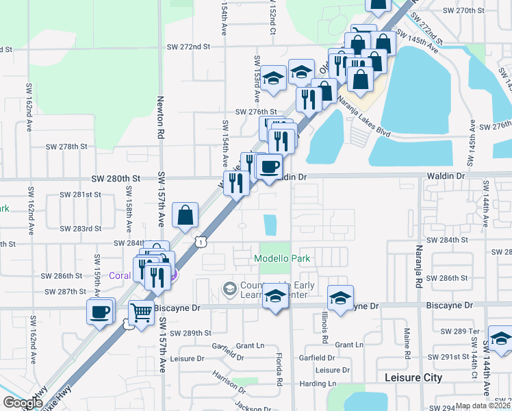 map of restaurants, bars, coffee shops, grocery stores, and more near 28152 Southwest 153rd Avenue in Homestead