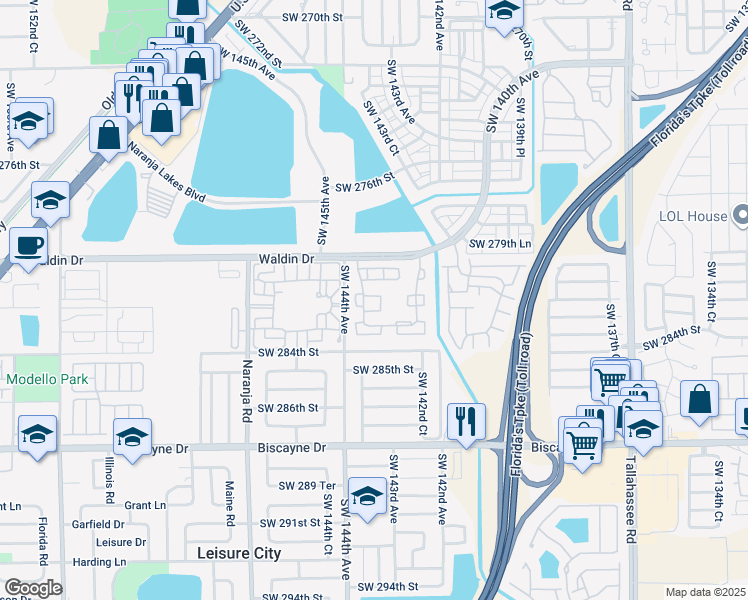 map of restaurants, bars, coffee shops, grocery stores, and more near 28216 Southwest 143rd Court in Homestead