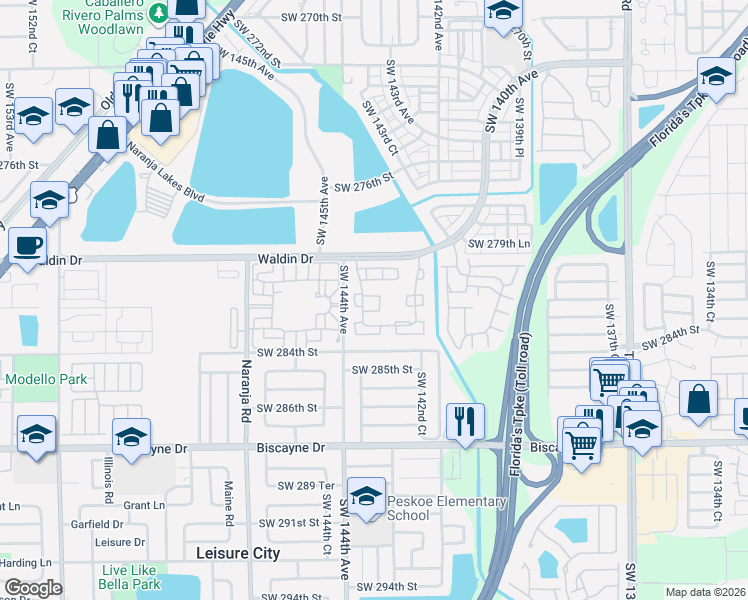 map of restaurants, bars, coffee shops, grocery stores, and more near 28216 Southwest 143rd Court in Homestead