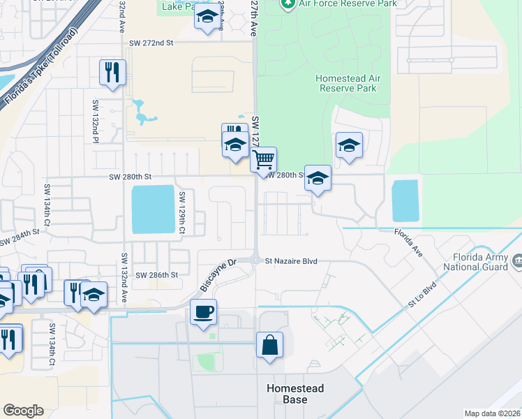 map of restaurants, bars, coffee shops, grocery stores, and more near 12550 Southwest 282nd Street in Homestead
