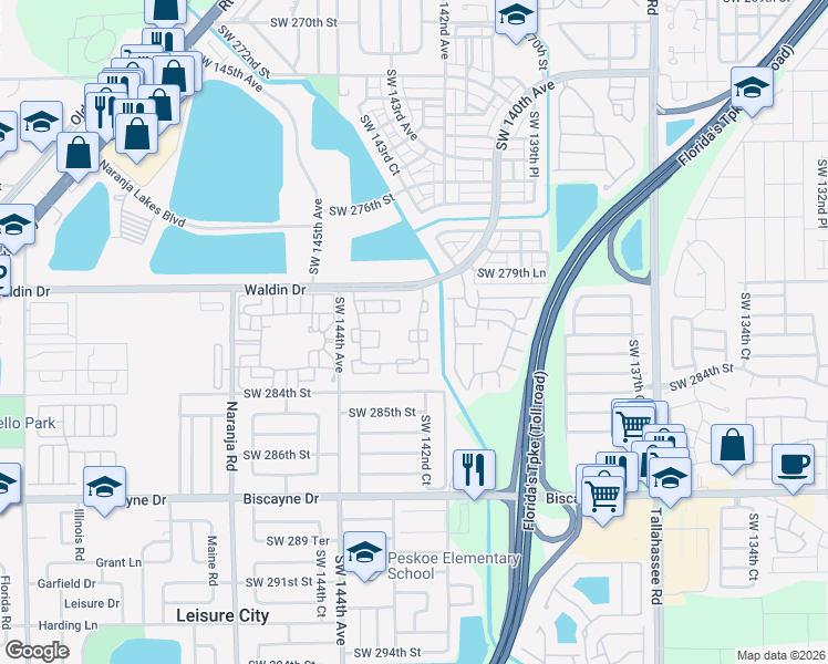 map of restaurants, bars, coffee shops, grocery stores, and more near 28083 Southwest 143rd Court in Homestead