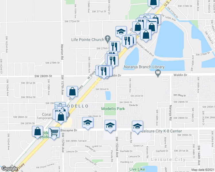 map of restaurants, bars, coffee shops, grocery stores, and more near 28001 South Dixie Highway in Homestead