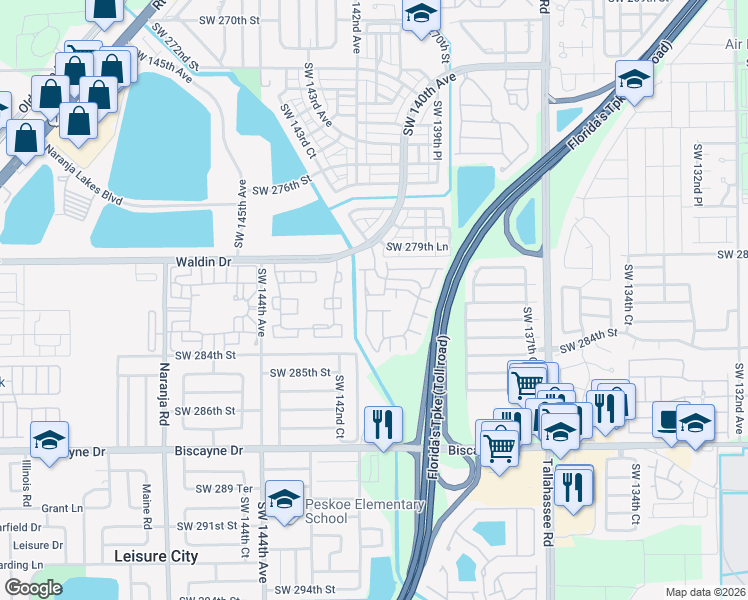 map of restaurants, bars, coffee shops, grocery stores, and more near 28100 Southwest 281st Street in Homestead