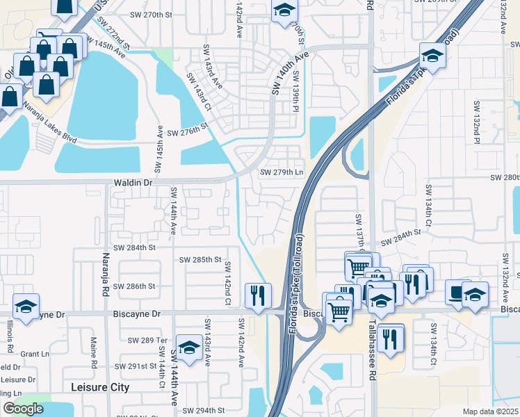 map of restaurants, bars, coffee shops, grocery stores, and more near 28100 Southwest 281st Street in Homestead