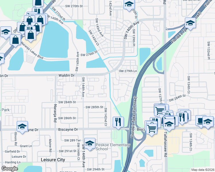 map of restaurants, bars, coffee shops, grocery stores, and more near 28033 Southwest 142nd Court in Homestead