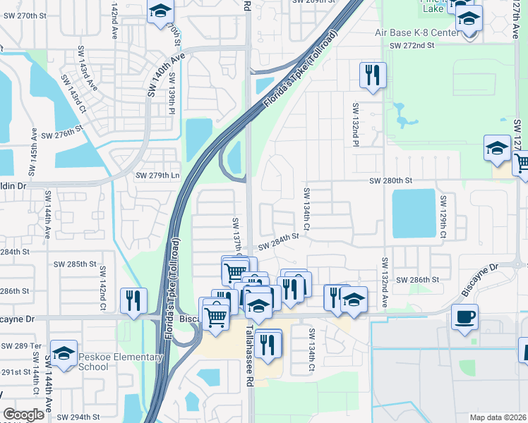 map of restaurants, bars, coffee shops, grocery stores, and more near 13661 Southwest 281st Terrace in Homestead