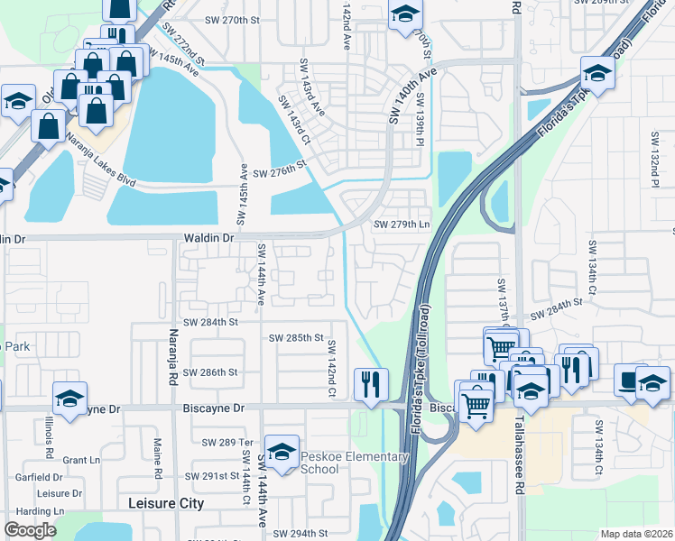 map of restaurants, bars, coffee shops, grocery stores, and more near 28033 Southwest 142nd Court in Homestead