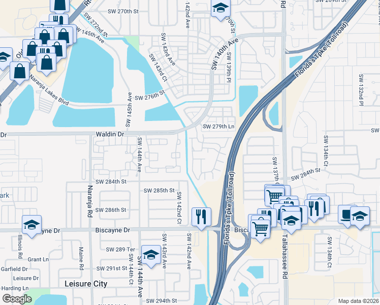 map of restaurants, bars, coffee shops, grocery stores, and more near 28033 Southwest 142nd Court in Homestead