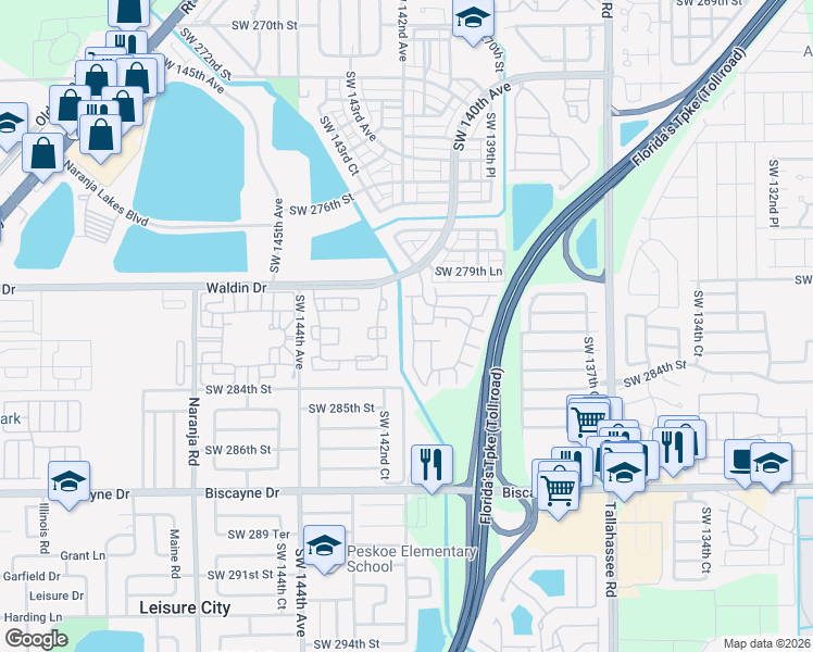 map of restaurants, bars, coffee shops, grocery stores, and more near 28033 Southwest 142nd Court in Homestead