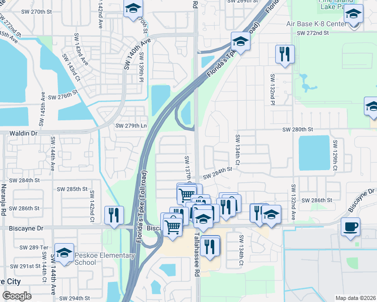 map of restaurants, bars, coffee shops, grocery stores, and more near 13723 Southwest 281st Street in Homestead