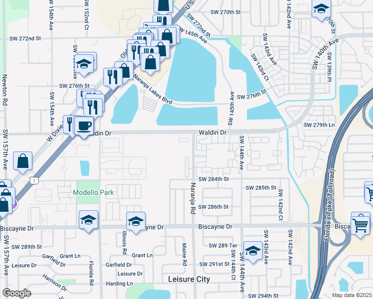 map of restaurants, bars, coffee shops, grocery stores, and more near 28050 Southwest 147th Avenue in Homestead