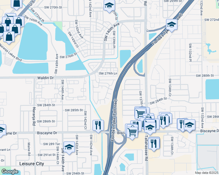 map of restaurants, bars, coffee shops, grocery stores, and more near 13935 Southwest 281st Terrace in Homestead