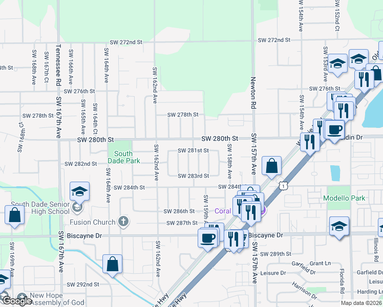 map of restaurants, bars, coffee shops, grocery stores, and more near 16001 Southwest 281st Street in Homestead