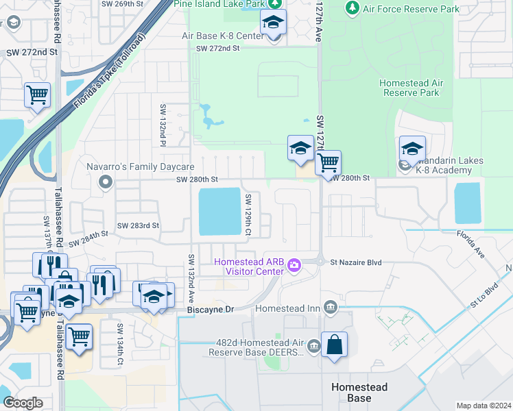 map of restaurants, bars, coffee shops, grocery stores, and more near 28162 Southwest 128th Path in Homestead