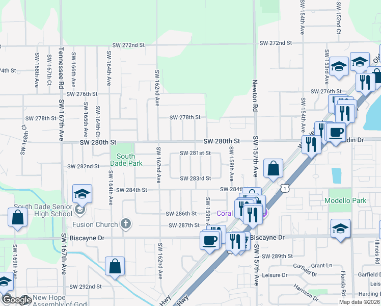 map of restaurants, bars, coffee shops, grocery stores, and more near 16001 Southwest 281st Street in Homestead