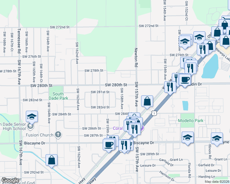 map of restaurants, bars, coffee shops, grocery stores, and more near 13453 Southwest 281st Street in Homestead