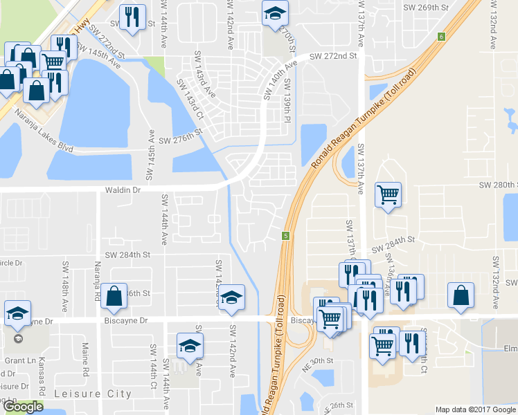 map of restaurants, bars, coffee shops, grocery stores, and more near 28100 Southwest 281st Street in Homestead