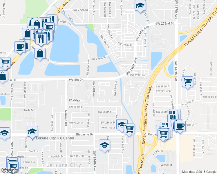 map of restaurants, bars, coffee shops, grocery stores, and more near 28083 Southwest 143rd Court in Homestead