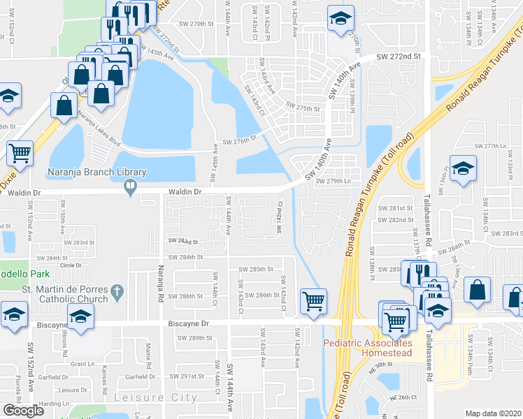 map of restaurants, bars, coffee shops, grocery stores, and more near 28083 Southwest 143rd Court in Homestead