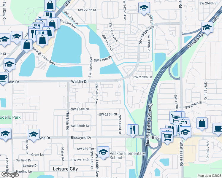 map of restaurants, bars, coffee shops, grocery stores, and more near 28083 Southwest 143rd Court in Homestead