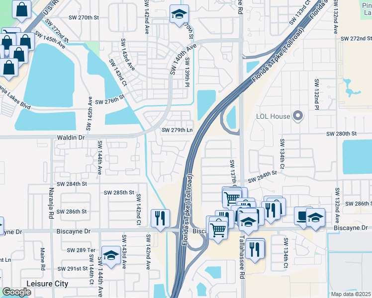 map of restaurants, bars, coffee shops, grocery stores, and more near 28021 Southwest 139th Court in Homestead