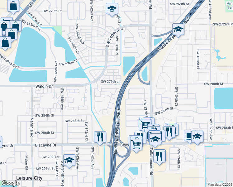 map of restaurants, bars, coffee shops, grocery stores, and more near 28021 Southwest 139th Court in Homestead