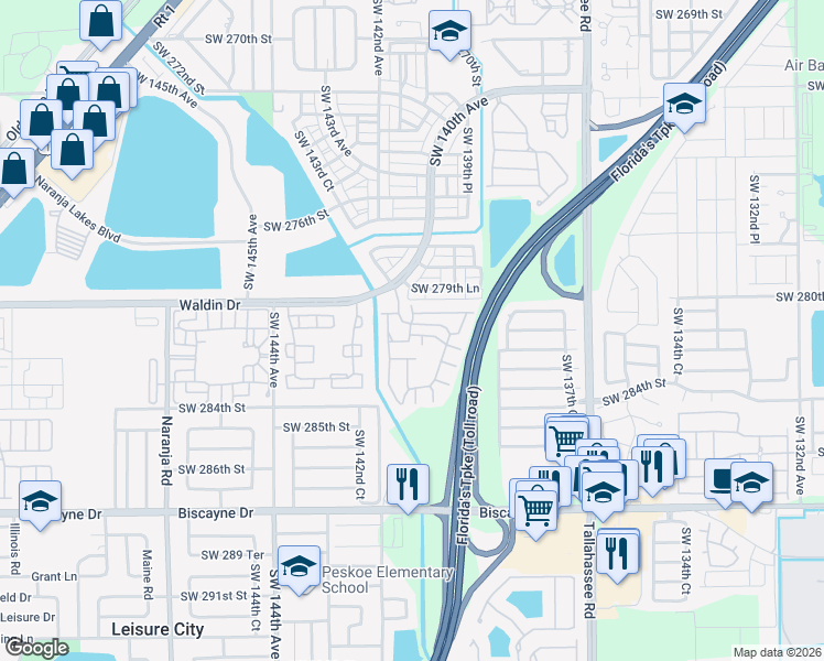map of restaurants, bars, coffee shops, grocery stores, and more near 28100 Southwest 281st Street in Homestead