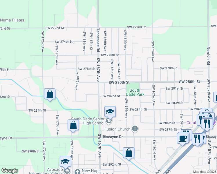 map of restaurants, bars, coffee shops, grocery stores, and more near 28034 Southwest 165th Court in Homestead