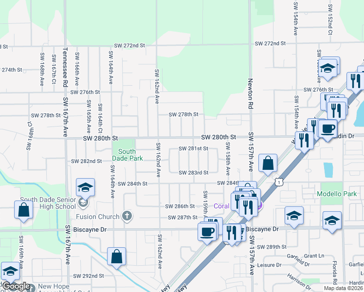 map of restaurants, bars, coffee shops, grocery stores, and more near 16001 Southwest 281st Street in Homestead