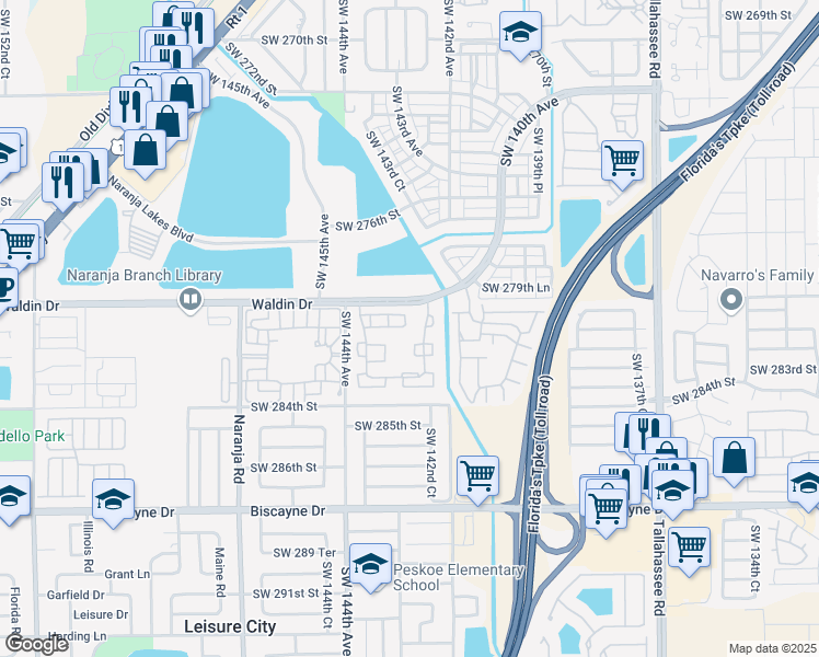 map of restaurants, bars, coffee shops, grocery stores, and more near 28083 Southwest 143rd Court in Homestead