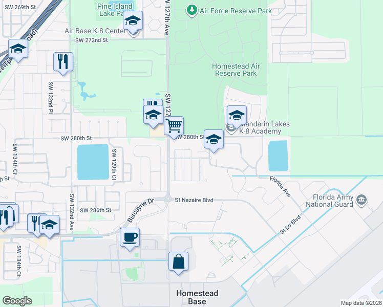 map of restaurants, bars, coffee shops, grocery stores, and more near 28201 Southwest 125th Avenue in Homestead
