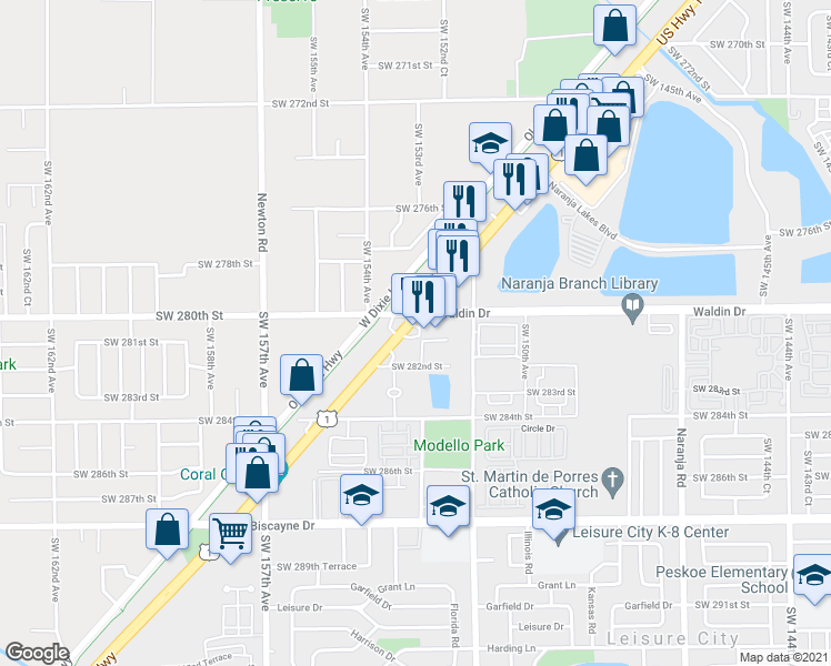 map of restaurants, bars, coffee shops, grocery stores, and more near 28001 South Dixie Highway in Homestead