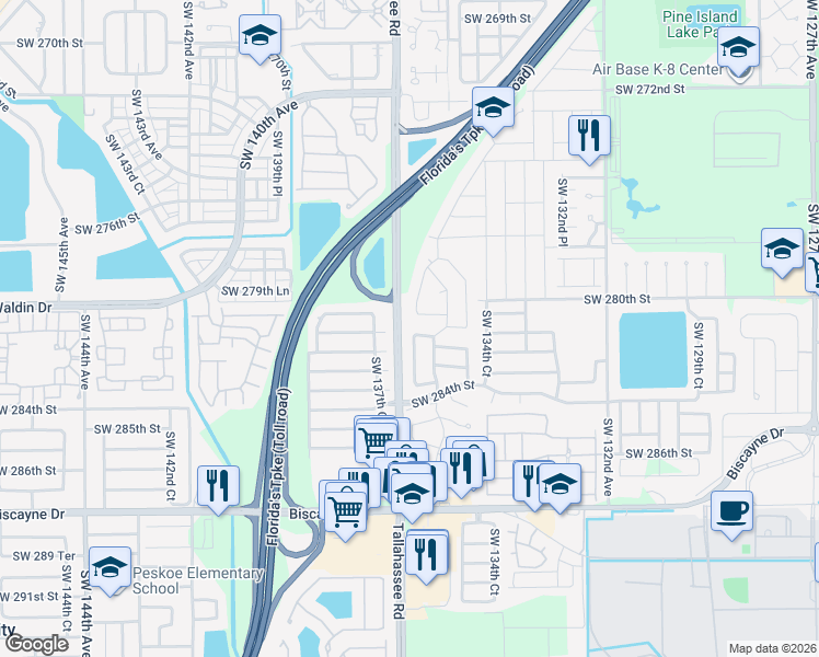 map of restaurants, bars, coffee shops, grocery stores, and more near 13661 Southwest 281st Terrace in Homestead
