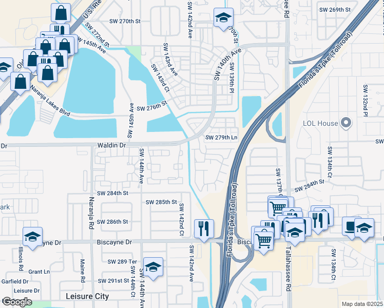 map of restaurants, bars, coffee shops, grocery stores, and more near 28033 Southwest 142nd Court in Homestead