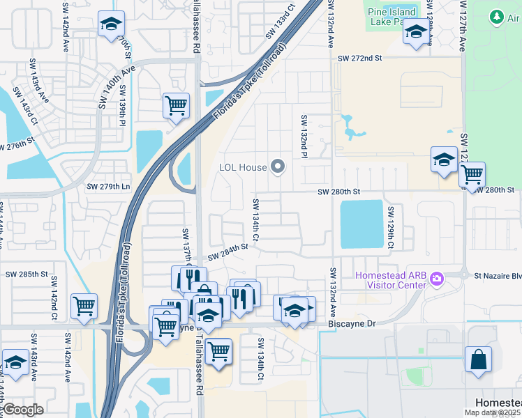 map of restaurants, bars, coffee shops, grocery stores, and more near 13453 Southwest 281st Terrace in Homestead